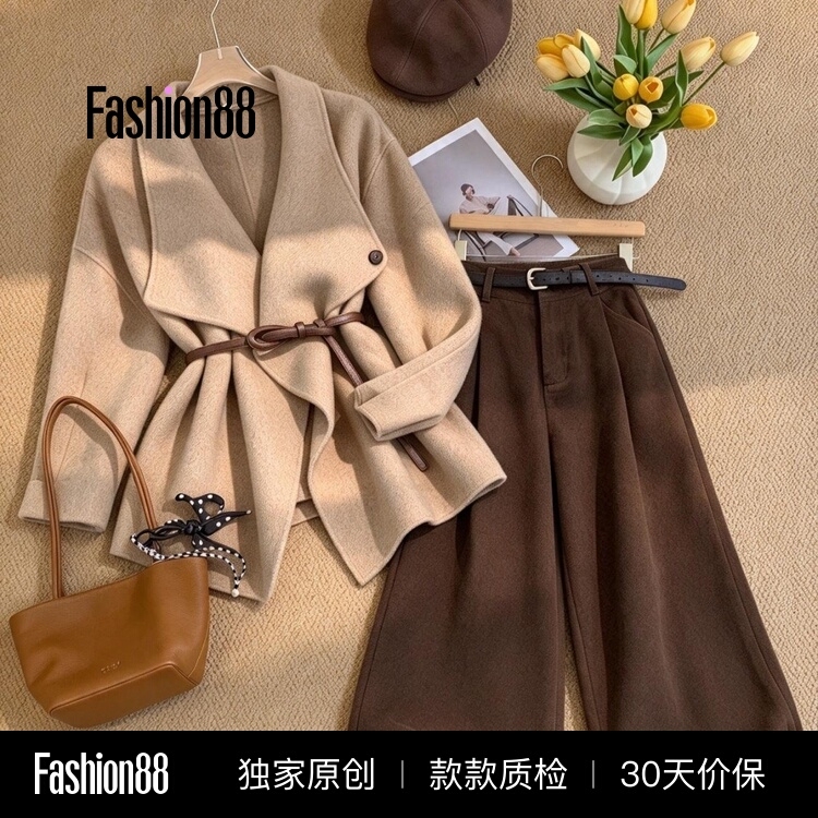 Vintage-Style Long-Sleeve Jacket and Wide-Leg Pants Two-Piece Set for Women, Autumn and Winter, High-End, Elegant, Slimming, Fashionable Outfit