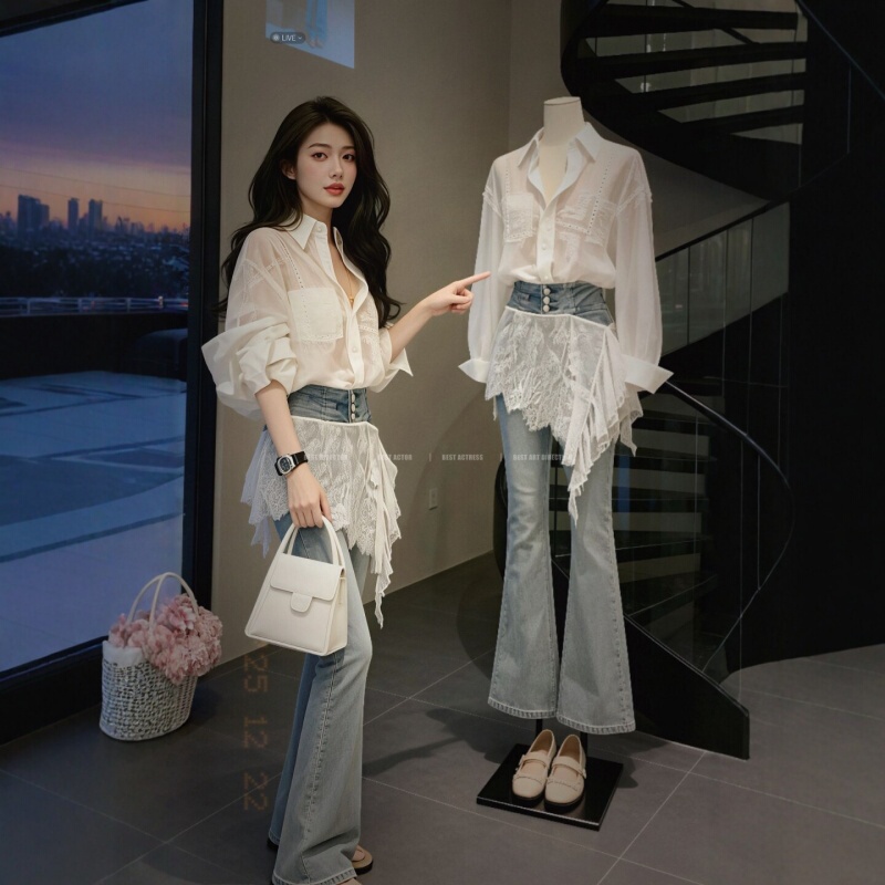 Korean-Style Outfit: a Complete Set with a High-End, Elegant Shirt Top for Women Paired with High-Waisted Denim Pants, Two-Piece Set