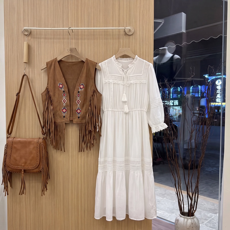 Bohemian Ethnic Style Set with Vintage Embroidered Tassel Vest, Lace Trim, and White Dress with Tassel Ties