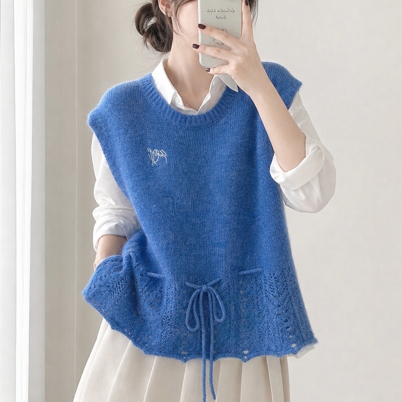 Lazy Style Round Neck Knitted Vest for Women, Loose Summer Wear, New Sweater, Blue Sweet Versatile Japanese Style T-Shirt Top Lazy Style Round Neck Knitted Vest for Women, Loose Summer Wear, New Sweater, Blue Sweet Versatile Japanese Style T-Shirt Top