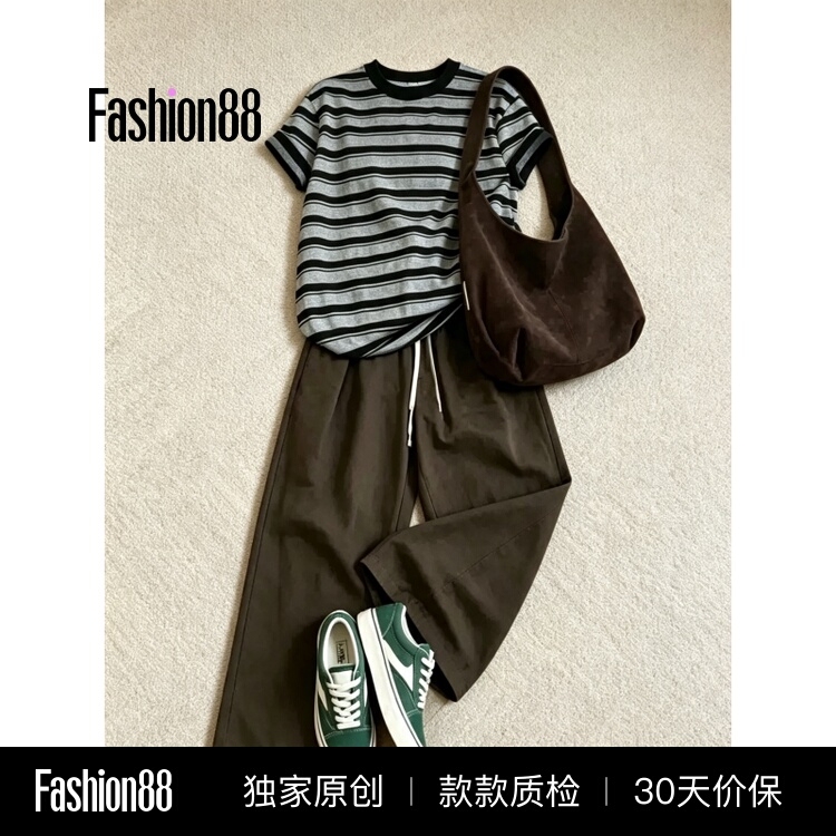 2026 Super Trendy Summer Outfit Set: Relaxed and Youthful Striped Short-Sleeve Top and High-Waisted Wide-Leg Pants Two-Piece Set for Women 2026 Super Trendy Summer Outfit Set: Relaxed and Youthful Striped Short-Sleeve Top and High-Waisted Wide-Leg Pants Two-Piece Set for Women