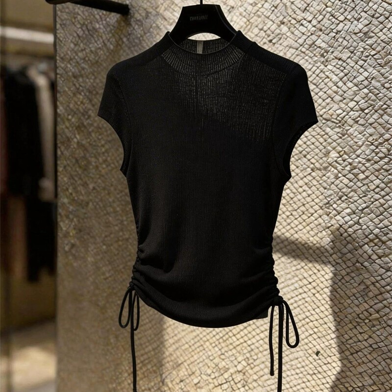 2026 Black Half-High Collar Drawstring Knitted Short-Sleeved T-Shirt for Women in Summer, Unique and Beautiful, Slim-Fitting and Thin Top