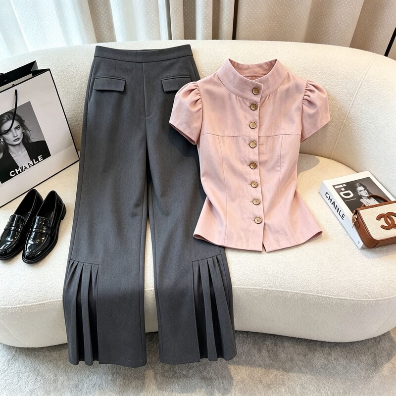 Elegant Casual Style Round-Neck Waist-Cinching Short-Sleeve Shirt and Irregular Suit Pants 2026 New Slimming Two-Piece Set