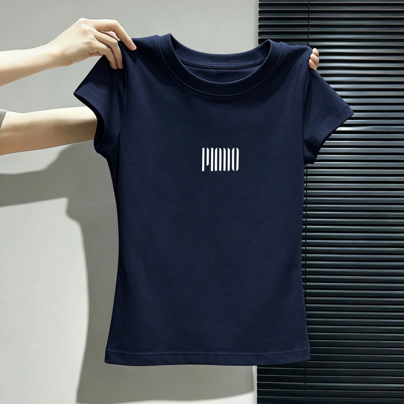 Women's Short-Sleeved T-Shirt 2026 New Style Pull-Collar Slimming High-End Stylish Unique Navy Blue Top for Women Summer Trend Women's Short-Sleeved T-Shirt 2026 New Style Pull-Collar Slimming High-End Stylish Unique Navy Blue Top for Women Summer Trend