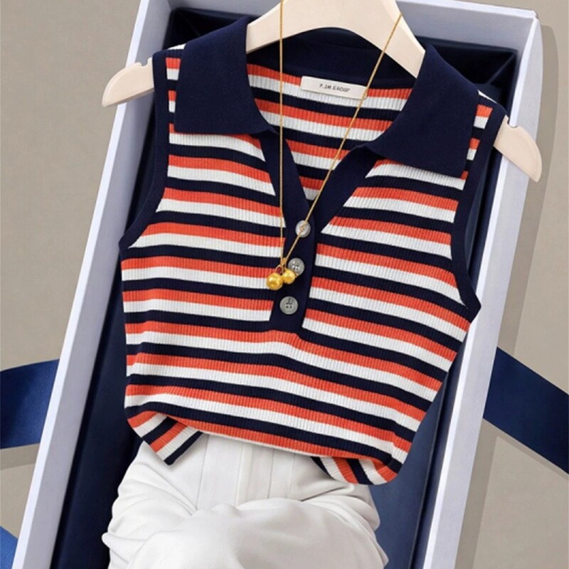 Old Money Style Orange Striped Polo Collar Knit Sleeveless Vest for Women, Very Stylish Striped Miu-Style Collared Top for Summer