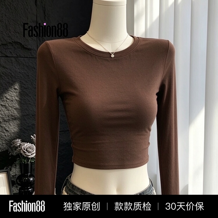 American-Style Spicy Girl Style Coffee-Colored Short Long-Sleeve T-Shirt for Women, Autumn Season, Figure-Flattering, Slimming, Versatile Round-Neck Base Shirt Top American-Style Spicy Girl Style Coffee-Colored Short Long-Sleeve T-Shirt for Women, Autumn Season, Figure-Flattering, Slimming, Versatile Round-Neck Base Shirt Top