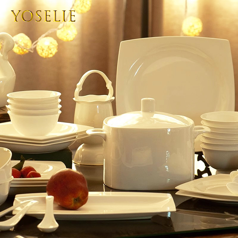 YOSELIE碗碟套装家用纯白简约高级景德镇陶瓷器骨瓷餐具套装乔迁