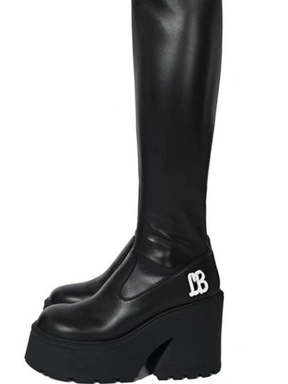 Короткие женские сапоги до колена на толстой подошве и очень высоком каблуке, новые высокие сапоги для верховой езды 2025 года, эластичные облегающие сапоги.