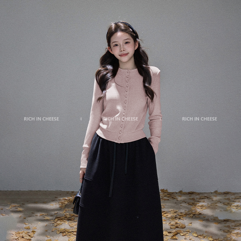 Jin Chuan Chuan Korean Women's Fashion Slimming Knitted Cardigan Women's Autumn New A-Line Skirt Korean Style Waist-Cinching Suit Skirt