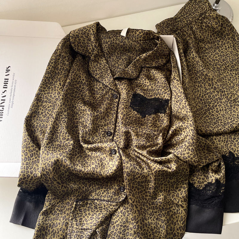 2026 Summer New High-End Luxury Leopard Print Ice Silk Pajamas for Women, Satin Long-Sleeve Long-Pants Set Loungewear 2026 Summer New High-End Luxury Leopard Print Ice Silk Pajamas for Women, Satin Long-Sleeve Long-Pants Set Loungewear