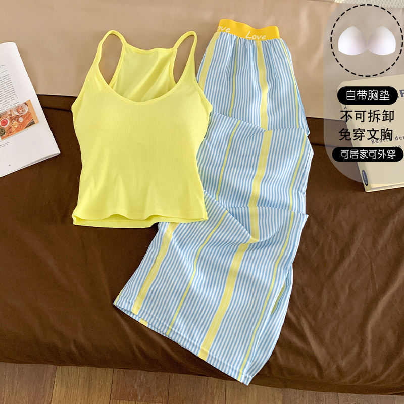 Ribbed U-Neck Letter-Printed Thin Strap Long Pants Pajama Set for Women, Summer Two-Piece Loungewear That Can Be Worn Outside