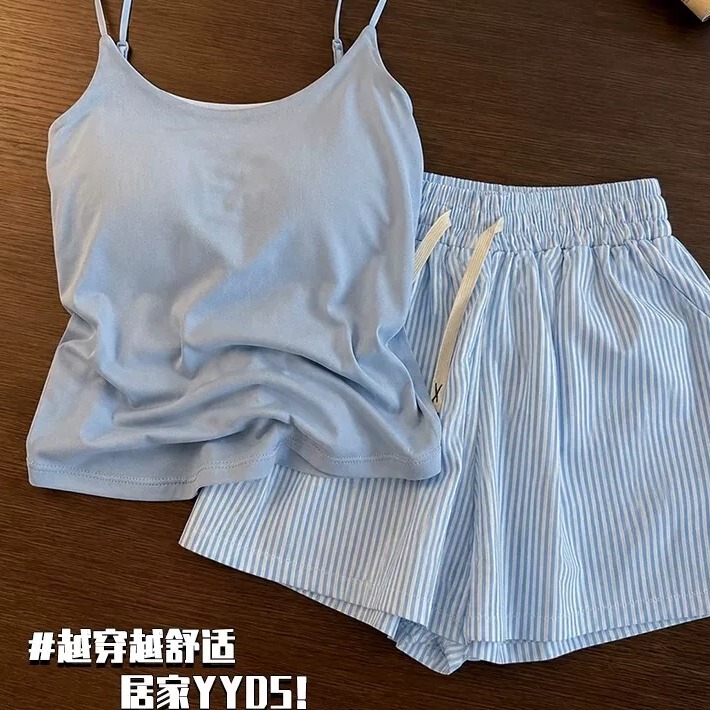 Women's Summer Pure Desire Style Camisole with Chest Pads, Striped Shorts, Pajamas, Home Wear Two-Piece Set