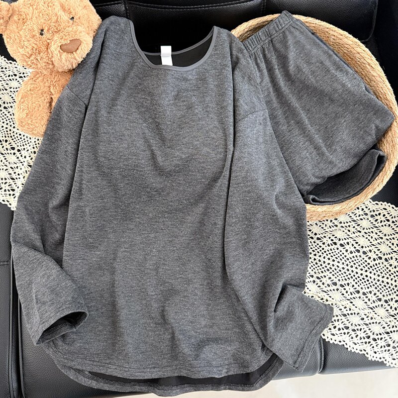 Comfortable Home-Style High-End Pajamas, Ribbed Knit, Drop-Shoulder, Long-Sleeve, Solid Color, Elastic Waist, Loungewear Pajama Set Comfortable Home-Style High-End Pajamas, Ribbed Knit, Drop-Shoulder, Long-Sleeve, Solid Color, Elastic Waist, Loungewear Pajama Set