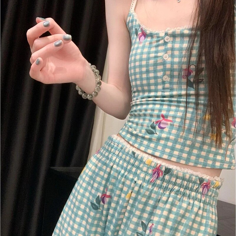 Korean-Style Fresh Blue Plaid Floral Suspender Pajamas for Women, New Summer Slim-Fit Tank Top and Long Pants Loungewear Two-Piece Set Korean-Style Fresh Blue Plaid Floral Suspender Pajamas for Women, New Summer Slim-Fit Tank Top and Long Pants Loungewear Two-Piece Set