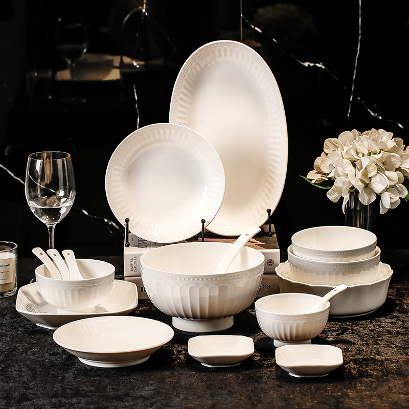 Yachengdelian's New Roman Holiday Pure White Embossed Tableware with Nano Antibacterial Glaze, Light Luxury Minimalist Household Bowls and Plates