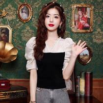 Chiffon puff sleeves spliced ​​V-neck sweater for women summer 2024 new design slimming short top