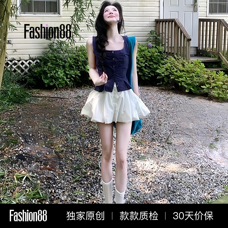 2026 New Style Women's Summer Waist-Cinching Sleeveless Shirt with Square Collar and Ruffled Edges, High-Waisted Skirt 2026 New Style Women's Summer Waist-Cinching Sleeveless Shirt with Square Collar and Ruffled Edges, High-Waisted Skirt
