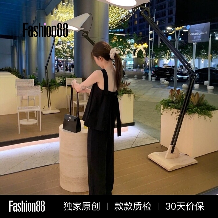 Summer Korean-Style Outfit Set for Petite Figures: Fashionable Backless Sleeveless Strap Top and Versatile Black Casual Wide-Leg Pants