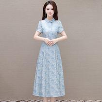 Printed long new Chinese style slim and elegant dress 2024 summer style lapel short-sleeved commuter fashion A-line skirt