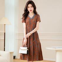 Printed dress new summer short-sleeved skirt 2023 fashionable temperament mother half-tie waist mid-length skirt