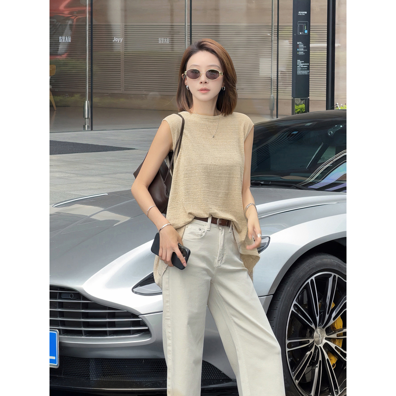 【Boss Zhou】Minimalist Design Summer Round-Neck Short Front Long Back Floral Yarn Knitted Vest