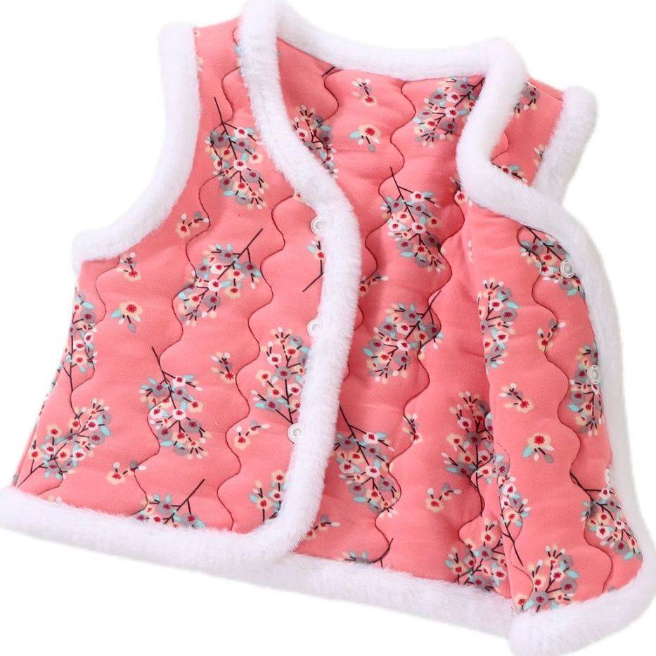 Baby Vest for Girls and Boys, Stylish Large Floral Autumn and Winter Clothing, New Chinese Style Vest for Outer Wear, Children's National Style Padded Warm Clothing