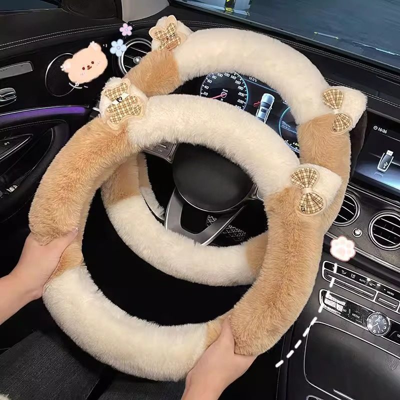 Steering Wheel Cover, High-End, Popular Online, Winter Plush, Warm, Heated, Cute Cartoon, Suitable for All Seasons, Car Handle Cover for Women