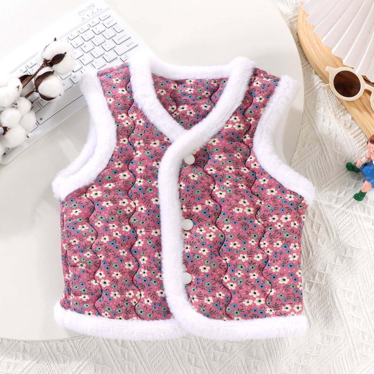 Baby Vest for Girls and Boys, Stylish Large Floral Autumn and Winter Clothing, New Chinese Style Vest for Outer Wear, Children's National Style Padded Warm Clothing