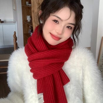 Red Scarf for Women 2025 New Winter Korean Style Atmospheric High-End Feel New Year Blue Neck Scarf Versatile for Autumn and Winter