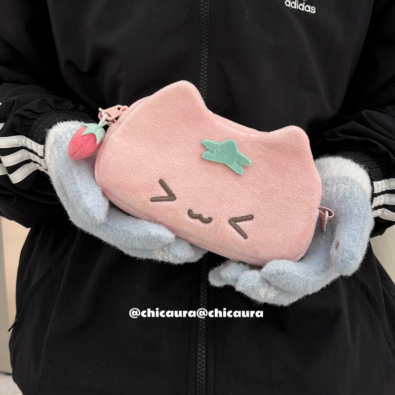 Chicaura Delicious Strawberry Cat Pink Plush Pencil Case Storage Bag Commuter Makeup Phone Bag Original Gift