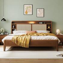 Solid wood rattan bed Nordic style 1 8m double bedroom bed usb interface bedside atmosphere light multifunctional storage bed