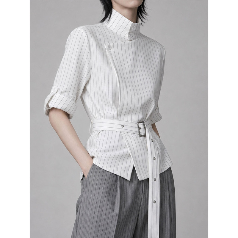 Road Store Linen-Style Striped Short-Sleeved Shirt with Stand Collar, Tie Waist, Adjustable Sleeves, Short New Chinese-Style Top