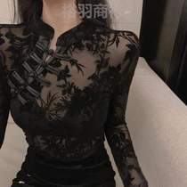 See-through bottoming lace plate buckle with inner bottoming to show black long-sleeved slim blouse retro autumn and winter high-end