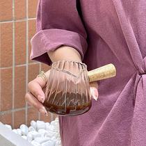 ins日式条纹玻璃木柄小奶盅浓缩拿铁意式咖啡量杯小奶壶奶罐汁斗