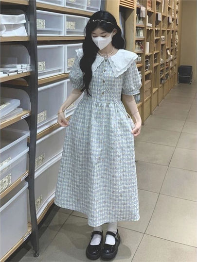 大码300斤甜美温柔风初恋长裙夏季格子碎花娃娃领气质A字裙连衣裙