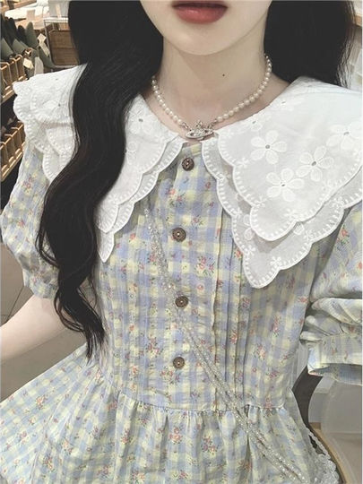 大码300斤甜美温柔风初恋长裙夏季格子碎花娃娃领气质A字裙连衣裙