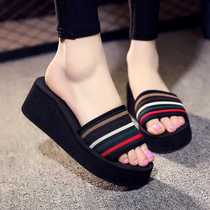 One-word slippers for women summer new style thick-soled fashionable Korean style outer foam sandals for vacation striped beach slippers for women
