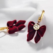 Autumn and winter plush bow earrings for women retro fashion burgundy earrings French high-end earrings 2024 new style