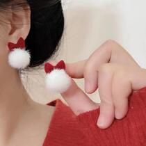 Autumn and winter niche design silver needle earrings New Year and Christmas red ear clips for women sweet bow fur ball earrings