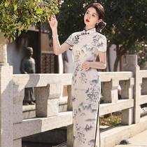 Princess Qianjin’s new spring style high-end ink-style short-sleeved slim-fit stand-up collar long cheongsam