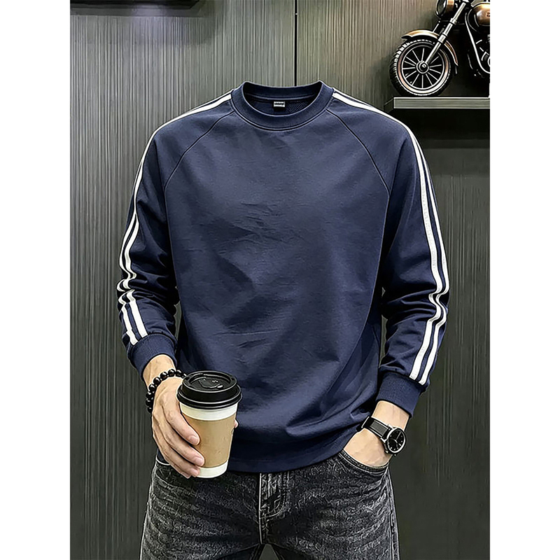 American-Style Three-Stripe Round-Neck Long-Sleeve T-Shirt for Men, Autumn Navy Blue Regular Shoulder Sweatshirt, Outdoor Casual Sports Jacket