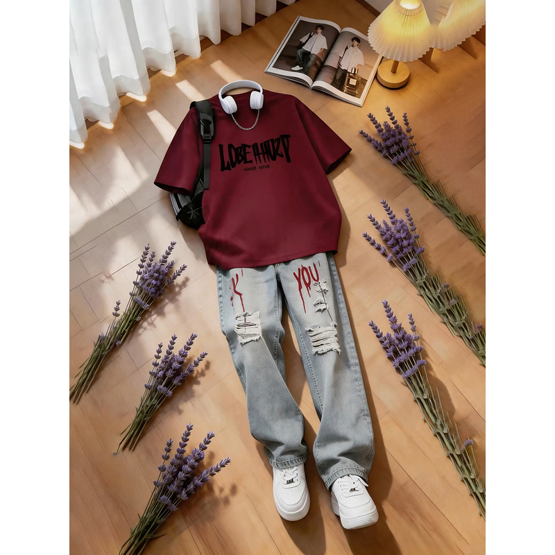 American High Street Heavyweight Short-Sleeve T-Shirt for Men, Summer Cool and Stylish Outfit for Teenagers, Two-Piece Set with Ripped Jeans