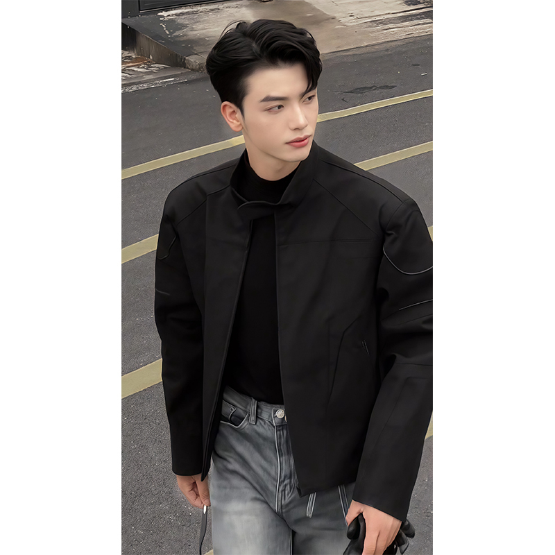 Black Shoulder-Padded Short Jacket for Men, Spring Trendy Brand, Cool and Stylish, Street Style, Mature Style, Biker Jacket, American-Style Pilot Jacket