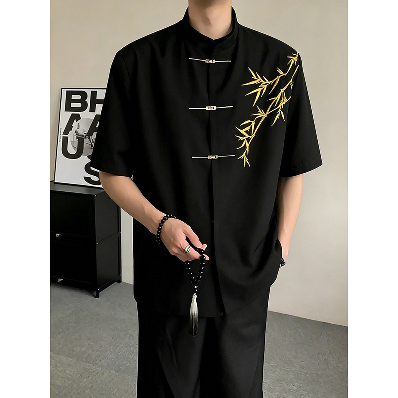 Gold Bamboo Embroidery Short-Sleeved Shirt for Men, Summer New Chinese Style Wedding and Engagement Attire Set, High-End Non-Iron Shirt Gold Bamboo Embroidery Short-Sleeved Shirt for Men, Summer New Chinese Style Wedding and Engagement Attire Set, High-End Non-Iron Shirt