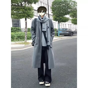 Korean preppy style long woolen men's windbreaker autumn and winter