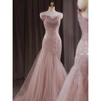 Rose Pink Mermaid Evening Dresses Pleat Asymmetry Chain Shin