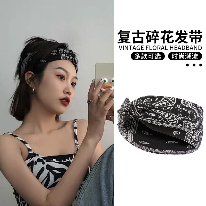 Headband for Women, Hong Kong Style, Retro, Internet Celebrity Paisley Pattern, 2024 New High-End Model, Suitable for Short Hair, Sports Headscarf, Sweat-Absorbing Head Cover