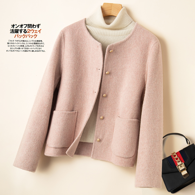 Autumn and Winter Off-Season Double-Sided Cashmere Coat for Women, Short Round Neck, Elegant Little Fragrance Style, Korean Style, Petite Woolen Coat