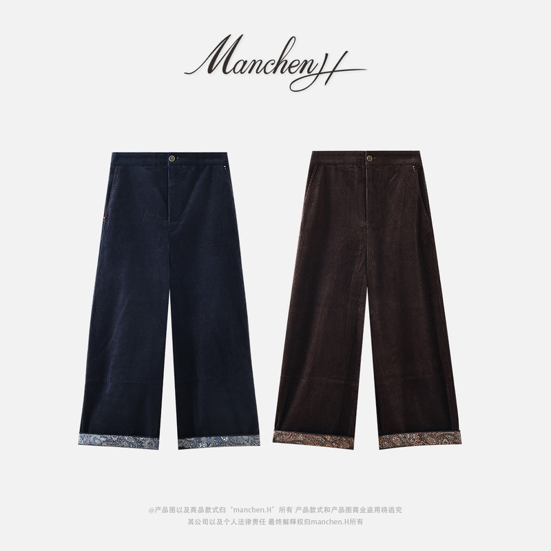 Manchenh "Vintage Lifestyle Home" Luxury Corduroy Fabric Lined Printed Cropped Casual Pants Manchenh "Vintage Lifestyle Home" Luxury Corduroy Fabric Lined Printed Cropped Casual Pants