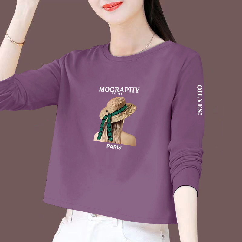 Round Neck Long-Sleeved T-Shirt for Women, Spring and Autumn New Korean Style Loose Short Top, Printed Casual Versatile Bottoming Shirt for Women